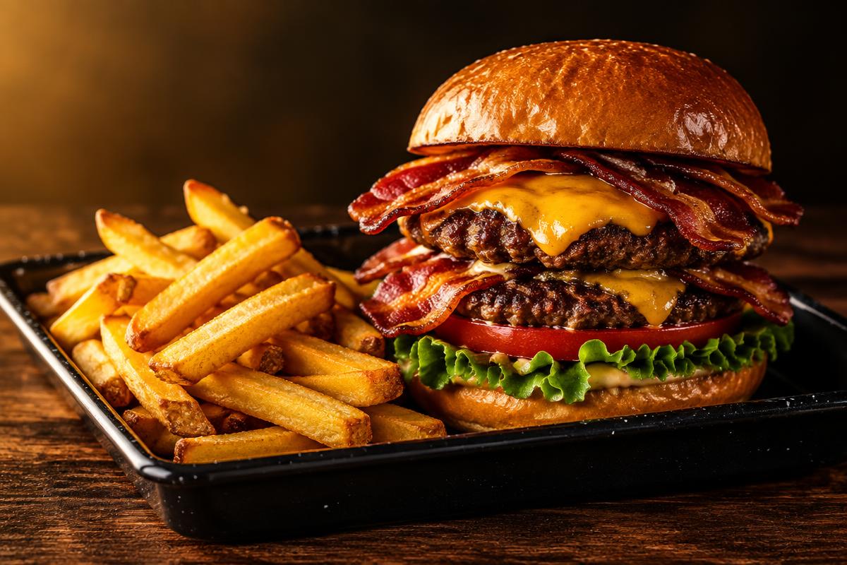 Hambúrguer saboroso com bacon e batatas